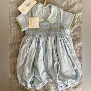 Dondolo Gingham Hand Smocked Embroidered Bubble Romper One-Piece